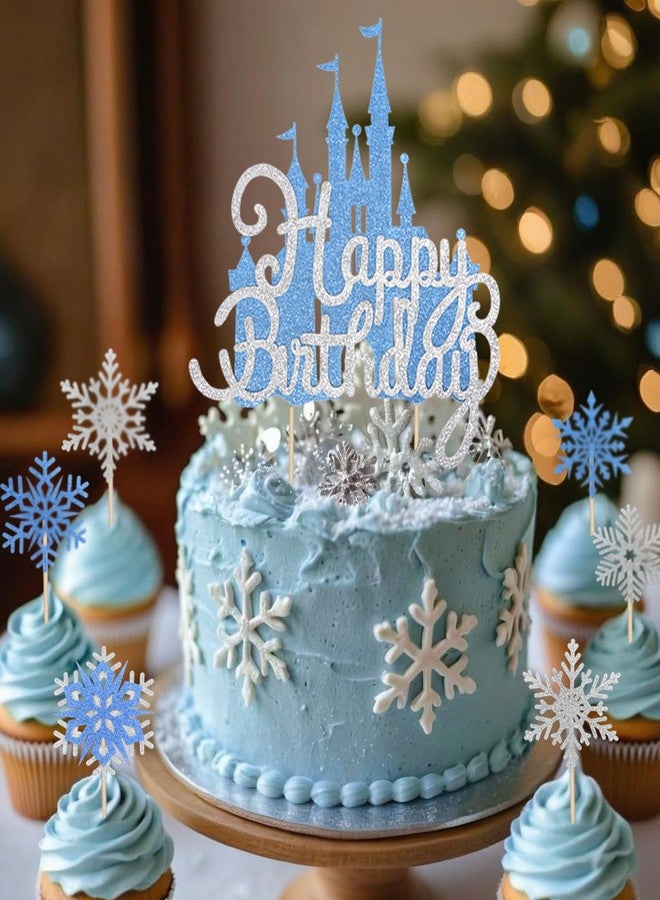Wootkey 2Pcs Frozen Castle Cake Toppers Blue Princess Cake Decorations Frozen Theme Birthday Castle Party Picks for Winter Wonderland New Year Party Supplies - Image 4